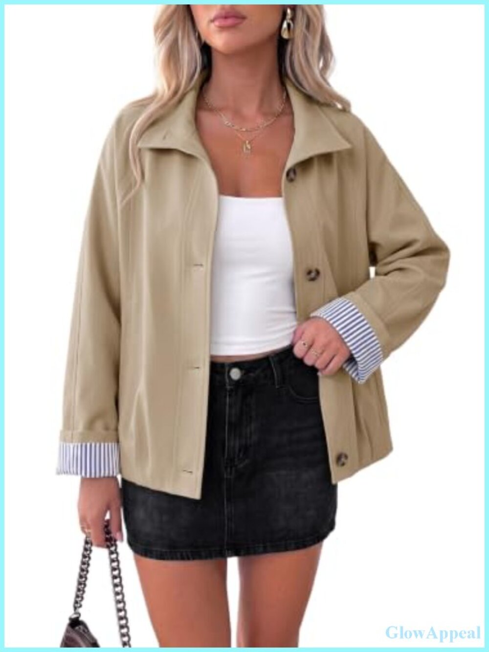 Women's Cropped Trench Coat Lightweight Casual Jacket Striped Lining